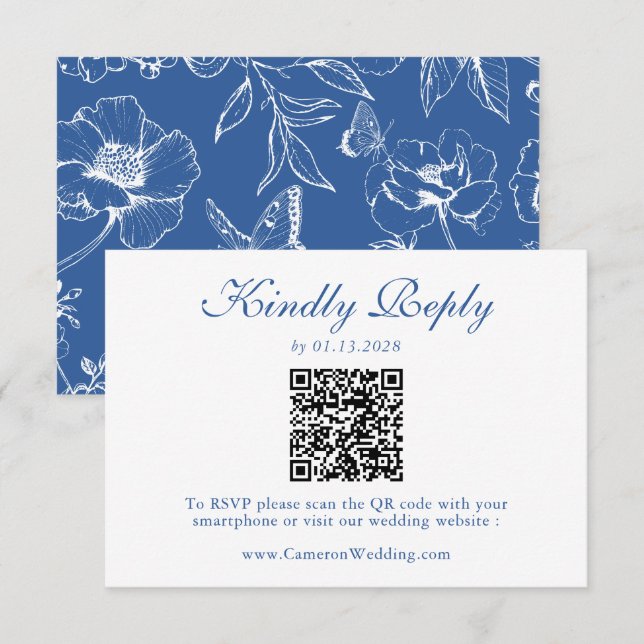 Elegant Royal Blue Floral QR Code Wedding RSVP  Card (Front/Back)