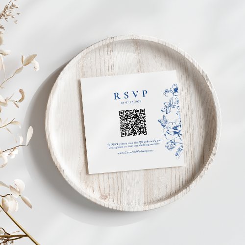 Elegant Royal Blue Floral QR Code Wedding RSVP