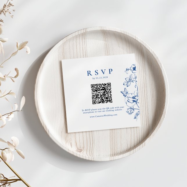 Elegant Royal Blue Floral QR Code Wedding RSVP Enclosure Card (Creator Uploaded)