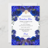 Elegant Royal Blue Floral Quinceanera Birthday Invitation (Back)