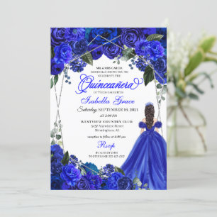 Elegant Royal Blue Floral Quinceanera Birthday Invitation