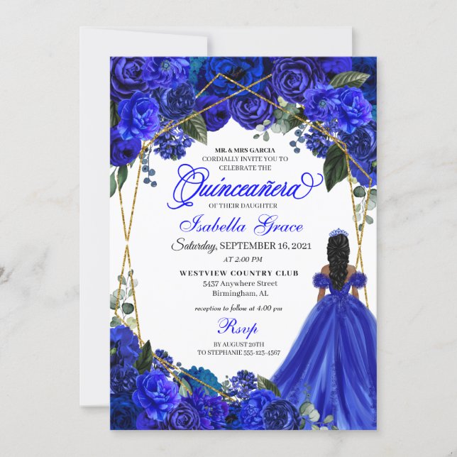 Elegant Royal Blue Floral Quinceanera Birthday Invitation (Front)