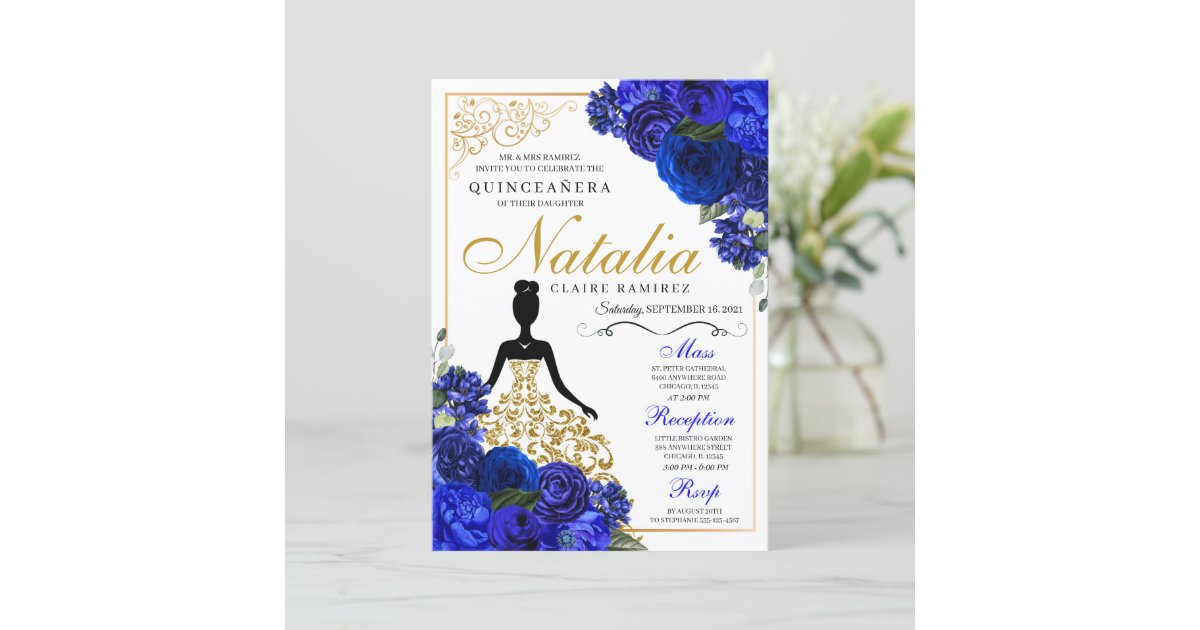 Elegant Royal Blue Floral Quinceanera Birthday Invitation | Zazzle