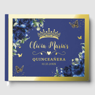 Elegant Royal Blue Floral Quinceanera Sweet 16   Foil Guest Book