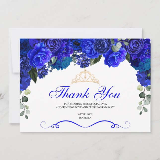 Elegant Royal Blue Floral Quinceanera Thank You (Front)