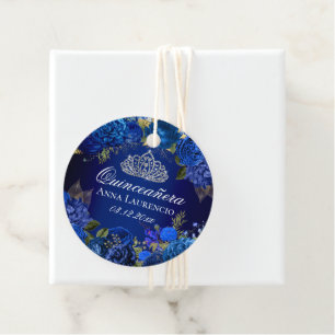 Elegant Royal Blue Floral Roses Quinceanera Favor Tags