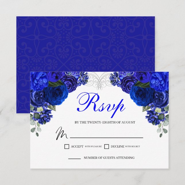 Elegant Royal Blue Floral RSVP Enclosure Card (Front/Back)