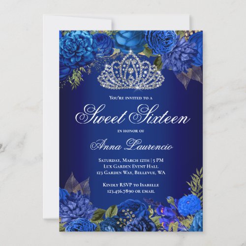 Elegant Royal Blue Floral Sweet Sixteen Birthday Invitation