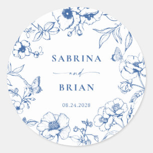Elegant Royal Blue Floral Wedding Classic Round Sticker