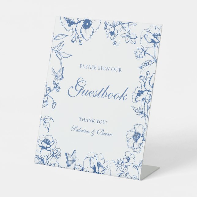 Elegant Royal Blue Floral Wedding Guestbook Pedestal Sign (Front)