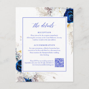 Elegant Royal Blue Flowers Details RSVP QR Code Enclosure Card