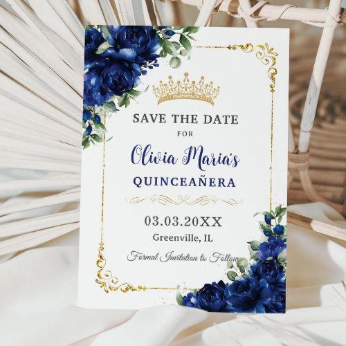 Elegant Royal Blue Flowers Gold Quinceaera 16th Save The Date