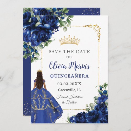 Elegant Royal Blue Flowers Princess Quinceaera  Save The Date