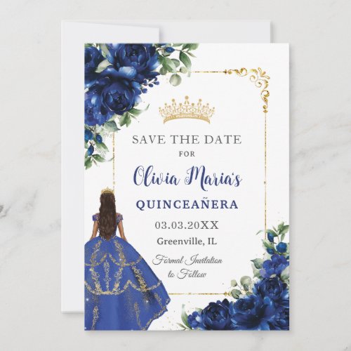 Elegant Royal Blue Flowers Princess Quinceaera  Save The Date