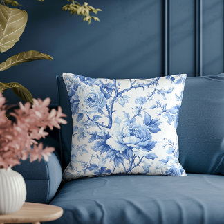 Elegant Royal Blue French Toile Rose Pattern Chic Throw Pillow