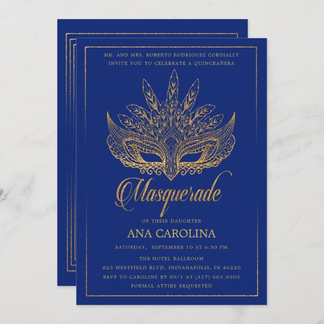 Elegant Royal Blue Glitter Masquerade Quinceañera Invitation (Front/Back)