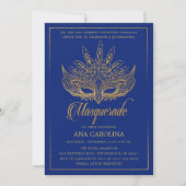 Elegant Royal Blue Glitter Masquerade Quinceañera Invitation (Front)