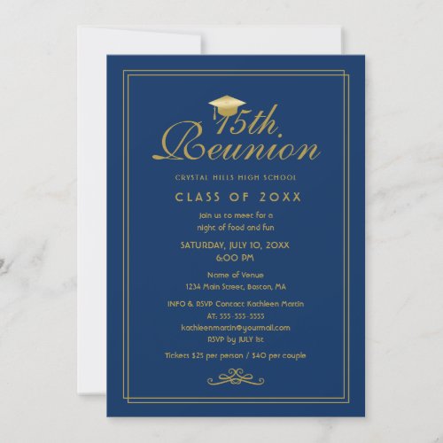 Elegant Royal Blue Gold 15th Class Reunion Invitation