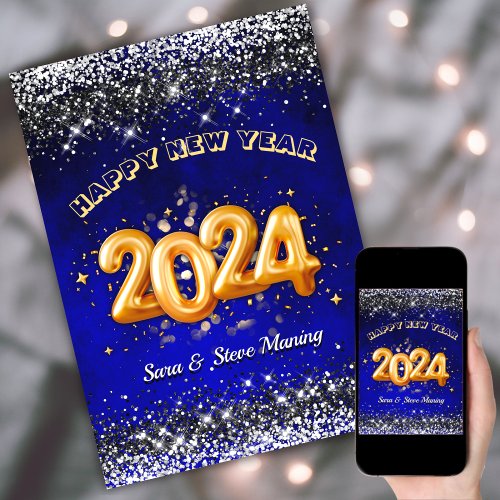 Elegant royal blue gold 2024 new year greeting holiday card