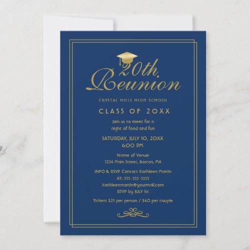 Elegant Royal Blue Gold 20th Class Reunion Invitation