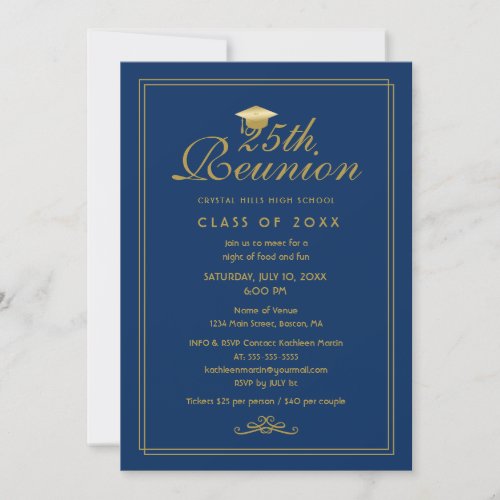 Elegant Royal Blue Gold 25th Class Reunion Invitation