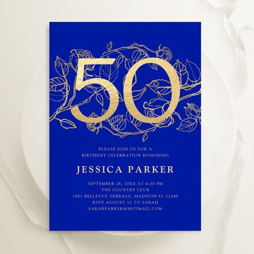 Elegant Royal Blue Gold 50th Birthday Invitation
