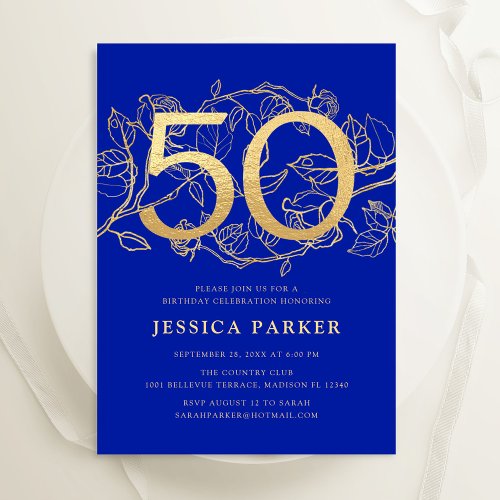 Elegant Royal Blue Gold 50th Birthday Invitation