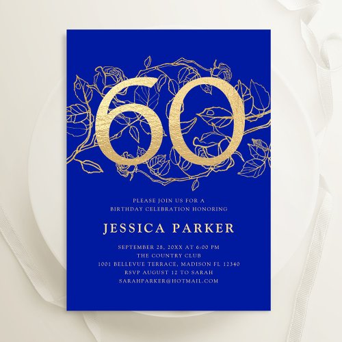 Elegant Royal Blue Gold 60th Birthday Invitation