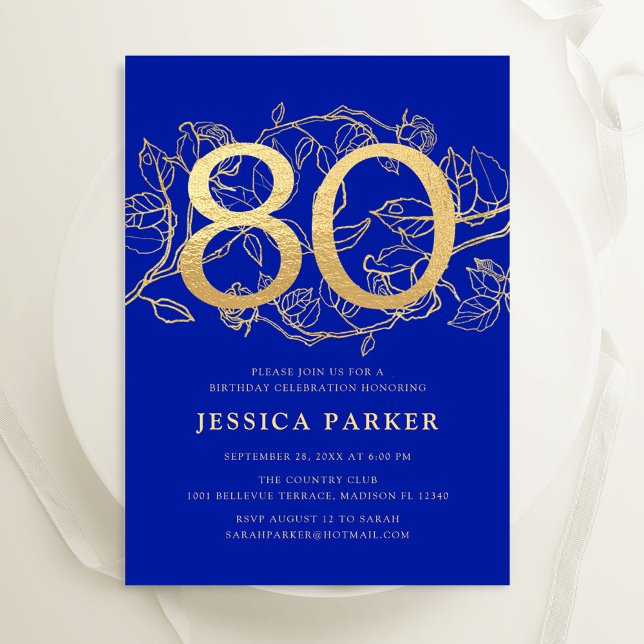 Elegant Royal Blue Gold 80th Birthday Invitation (Creator Uploaded)