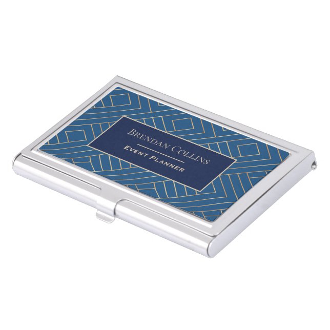 Elegant Royal Blue Gold Abstract Geometric Business Card Case (Front)