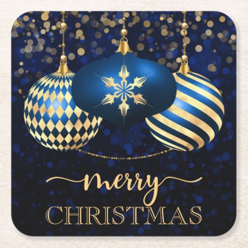 Elegant Royal Blue  Gold Baubles Merry Christmas Square Paper Coaster