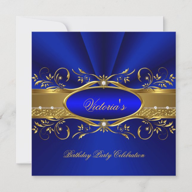 Elegant Royal Blue Gold Birthday Party 2A Invitation (Front)