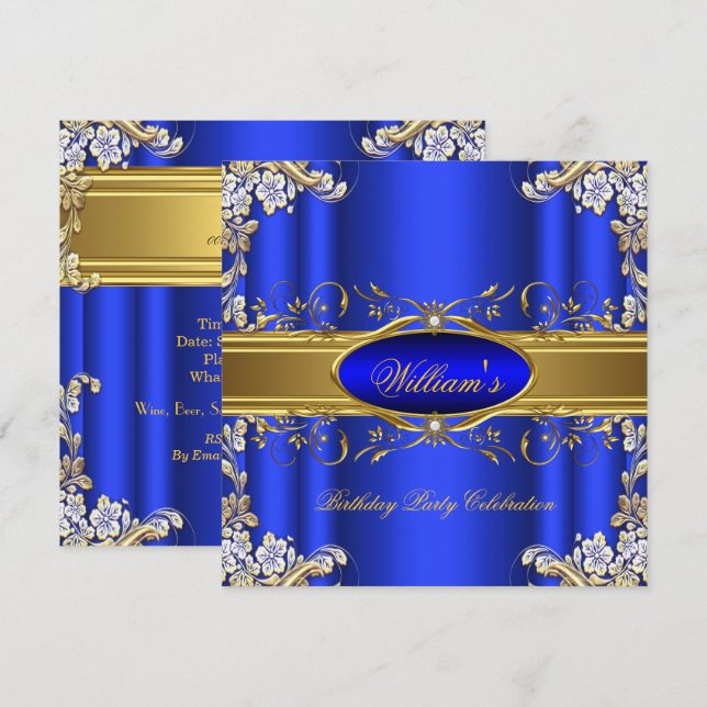 Elegant Royal Blue Gold Birthday Party Floral 4 Invitation (Front/Back)