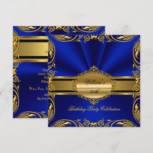 Elegant Royal Blue Gold Birthday Party Floral Custom Invites
