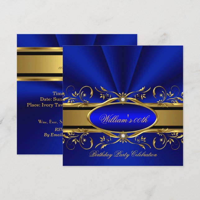 Elegant Royal Blue Gold Birthday Party Invitation (Front/Back)
