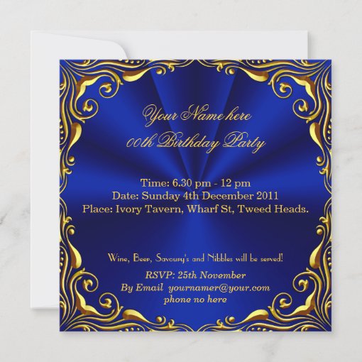 Elegant Royal Blue Gold Birthday Party Invitation | Zazzle