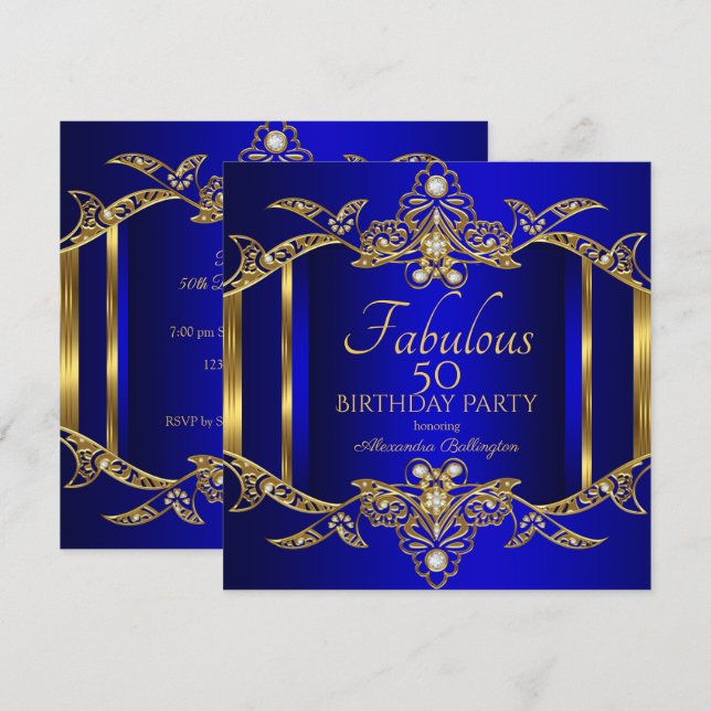 Elegant Royal Blue Gold Birthday Party Invitation (Front/Back)