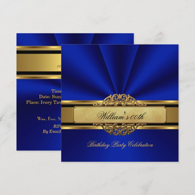 Elegant Royal blue Gold Birthday Party Mens Mans Invitation (Front/Back)