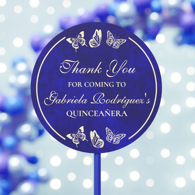 Elegant Royal Blue Gold Butterflies Quinceañera Classic Round Sticker (Elegant Royal Blue Gold Butterflies Quinceañera Classic Round Sticker)