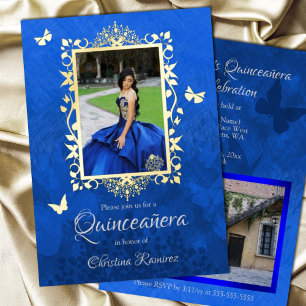 Elegant Royal Blue, Gold Butterflies Quinceanera Foil Invitation