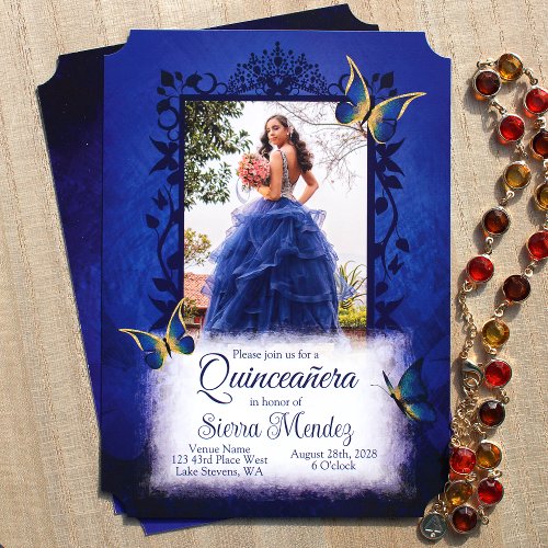 Elegant Royal Blue  Gold Butterflies Quinceanera Invitation