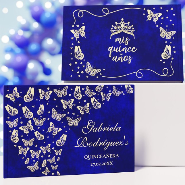 Elegant Royal Blue Gold Butterfly 15th Quinceañera Foil Guest Book (Elegant Royal Blue Gold Butterfly 15th Quinceañera Foil Guest Book)