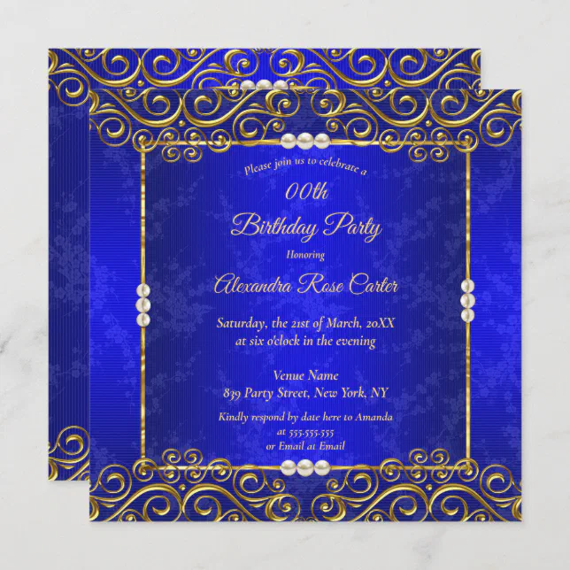 Elegant Royal Blue Gold Cream Pearl Birthday Party Invitation | Zazzle