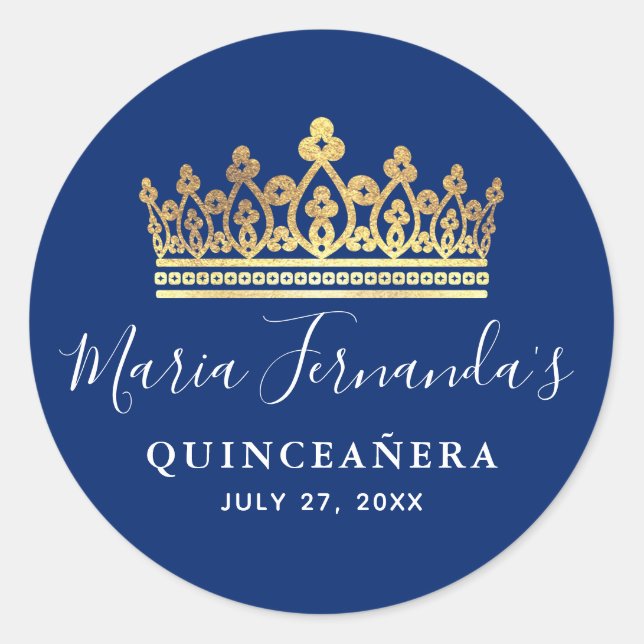 Elegant Royal Blue Gold Crown Quinceanera Classic Round Sticker (Front)