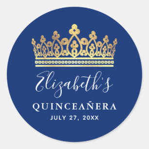 Elegant Royal Blue Gold Crown Quinceanera Classic Round Sticker