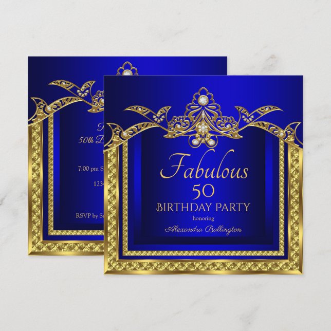 Elegant Royal Blue Gold Damask Birthday Party Invitation (Front/Back)
