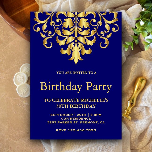 Elegant Royal Blue Gold Damask Birthday Party Invitation (Creator Uploaded)