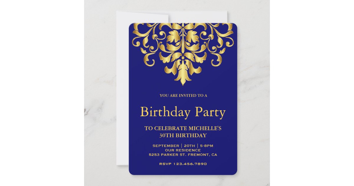 Elegant Royal Blue Gold Damask Birthday Party Invitation Zazzle