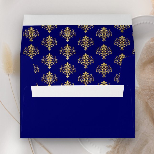 Elegant Royal Blue Gold Damask Wedding Envelope (Creator Uploaded)