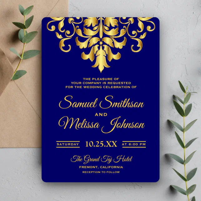 Elegant Royal Blue Gold Damask Wedding Invitation | Zazzle